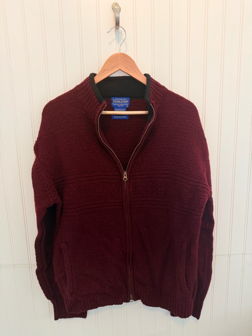 Pendleton Men's Deep Burgundy 100% Washable Wool Full-Zip Knit Sweater Size L